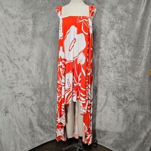 Lexbreezy Hawaii High Low Dress Women M Orange Floral Ruffle Strap Flowy Stretch